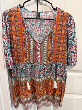 SHEIN Multicolor Floral Boho V-Neck Tunic with Tassels